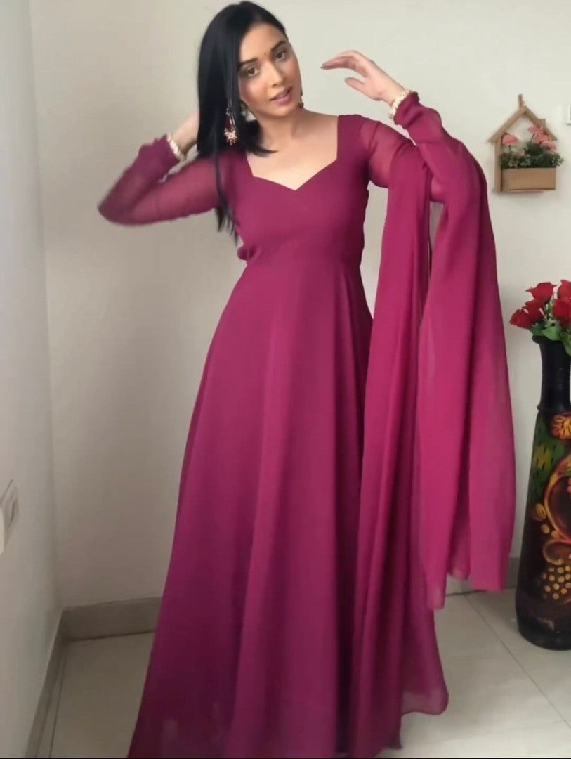 Wine georgette plain party wear gown