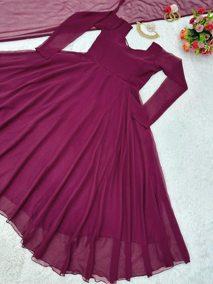 Wine georgette plain party wear gown