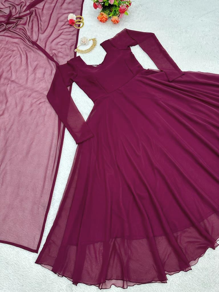 Wine georgette plain party wear gown