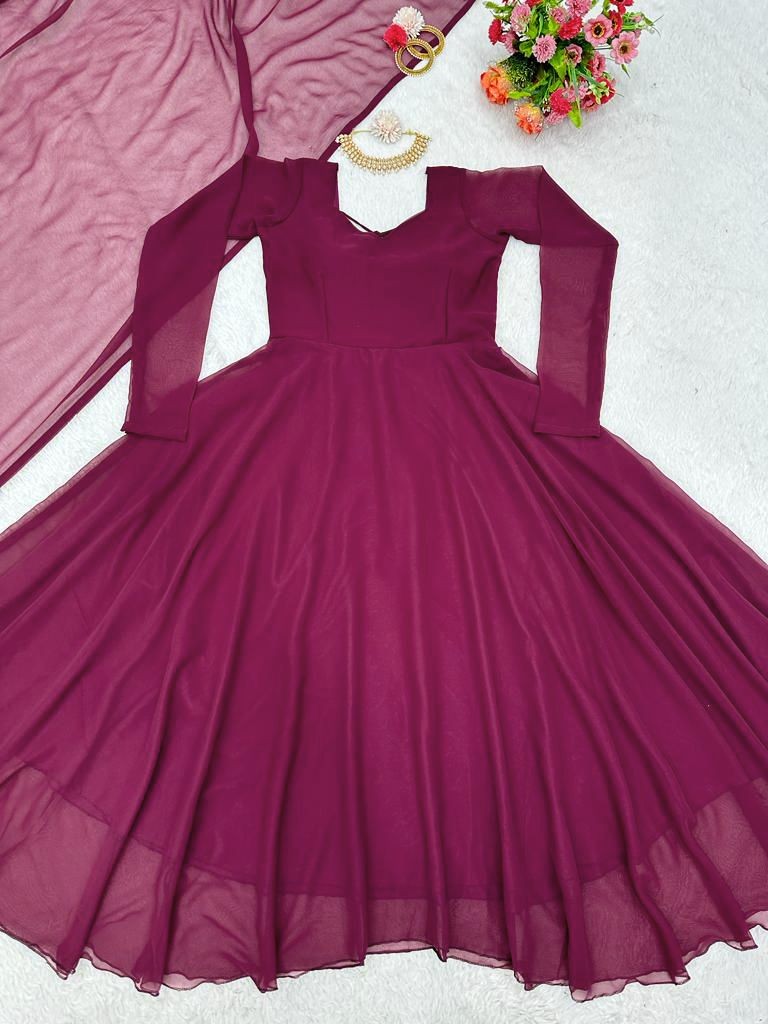 Wine georgette plain party wear gown