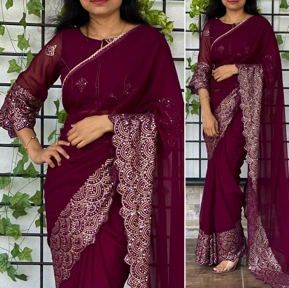 Wine georgette sequence embroidered work party wear saree