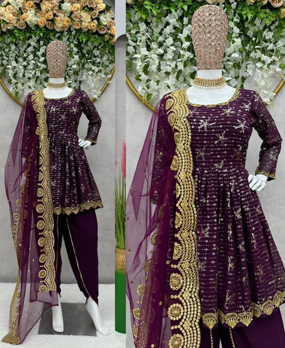 Wine georgette sequence embroidery work punjabi suit