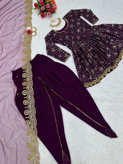 Wine georgette sequence embroidery work punjabi suit