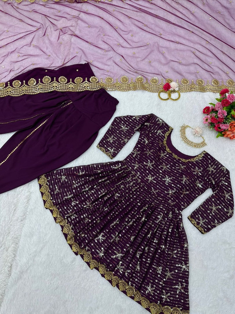 Wine georgette sequence embroidery work punjabi suit