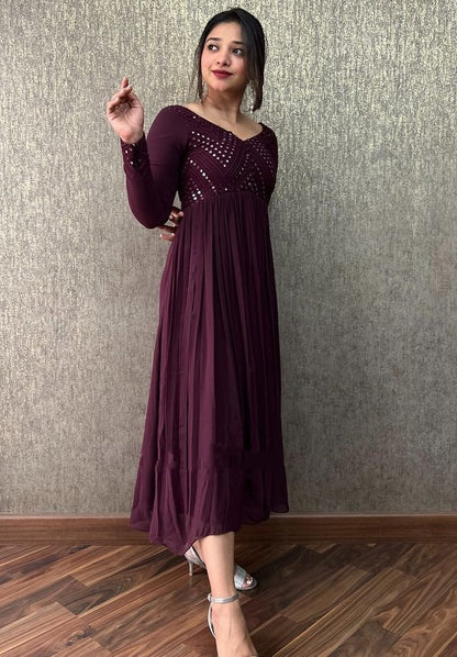 Wine georgette sequence work long kurti