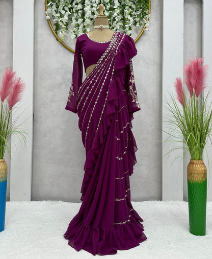 Wine georgette thread sequence work ready to wear ruffle party wear saree