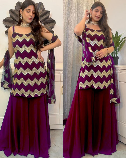 Wine georgette thread sequence work sharara suit