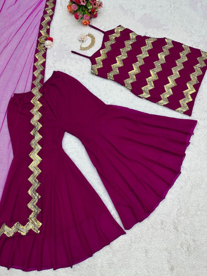 Wine georgette thread sequence work sharara suit