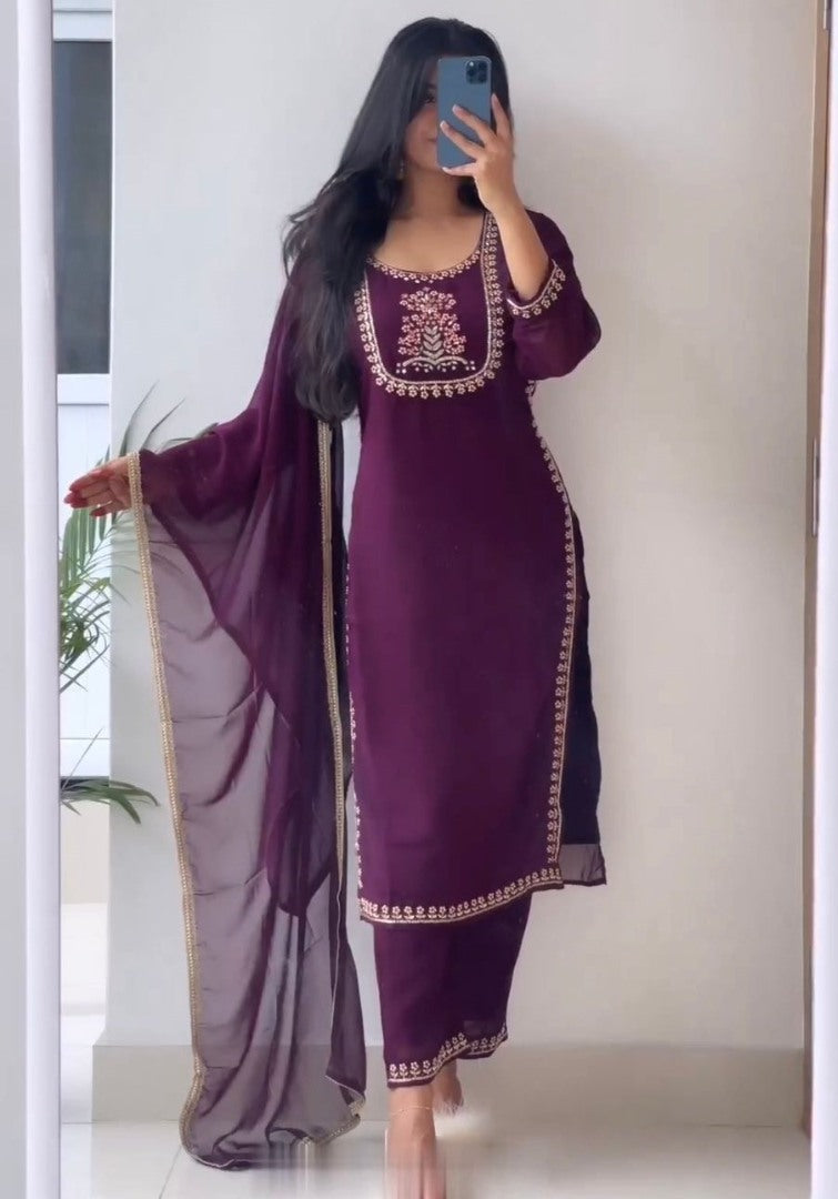 Wine georgette thread work pant salwar suit