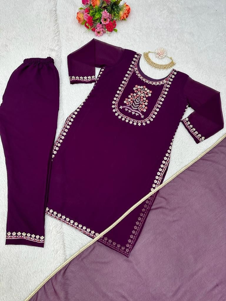 Wine georgette thread work pant salwar suit