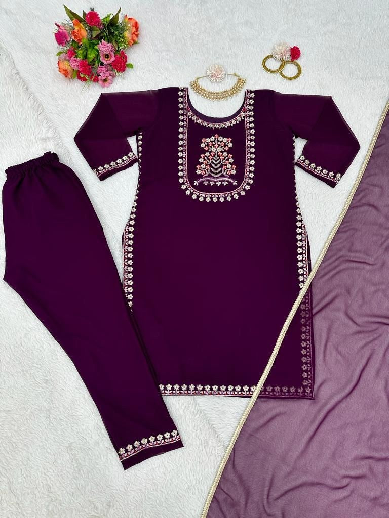 Wine georgette thread work pant salwar suit