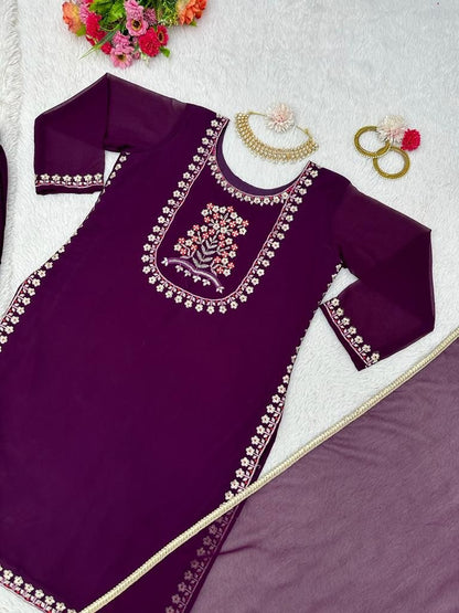 Wine georgette thread work pant salwar suit