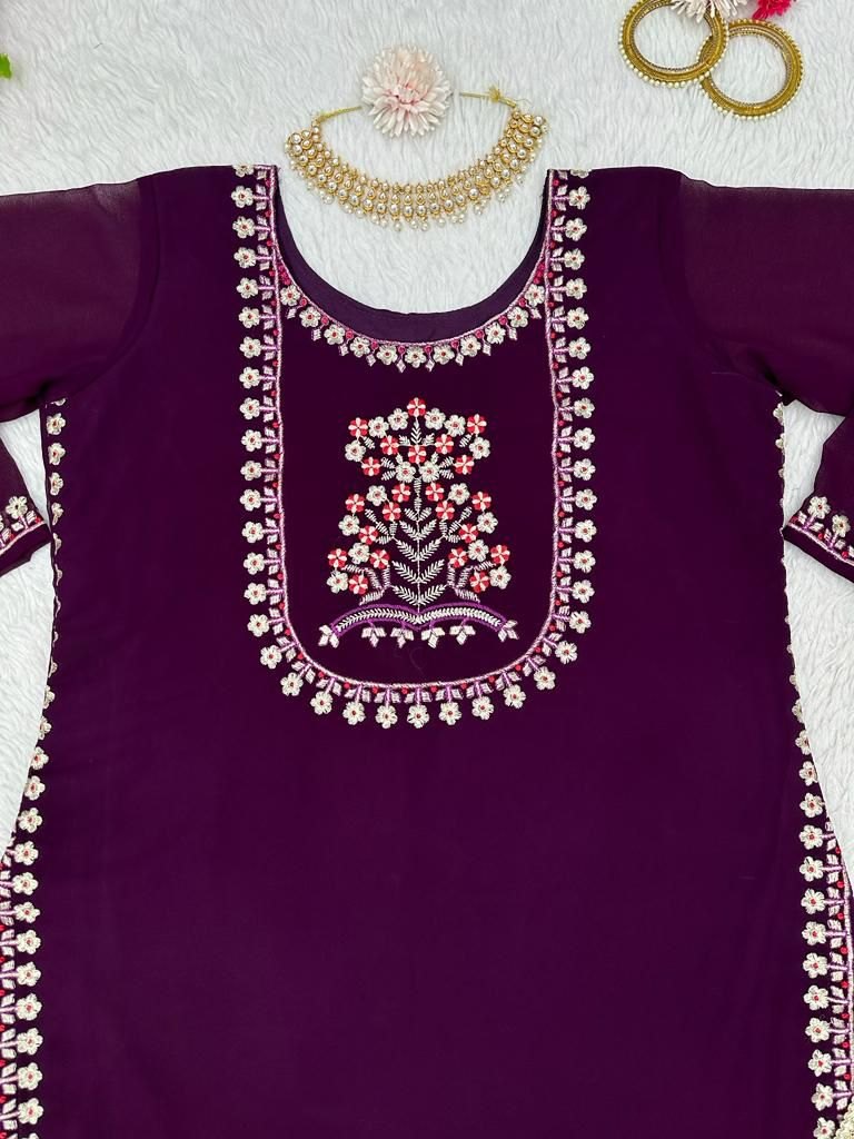 Wine georgette thread work pant salwar suit