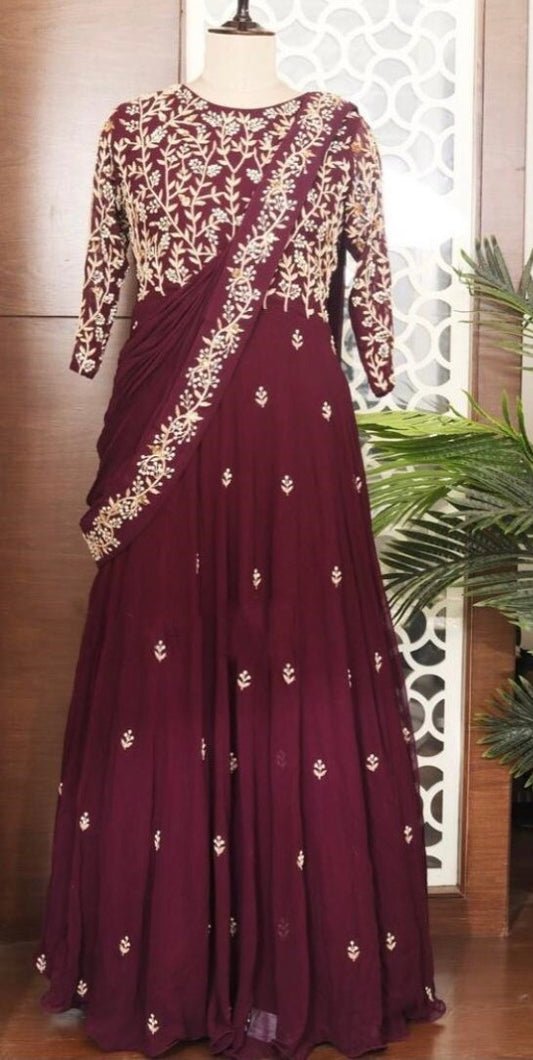 Wine heavy georgette zari embroidered party wear gown