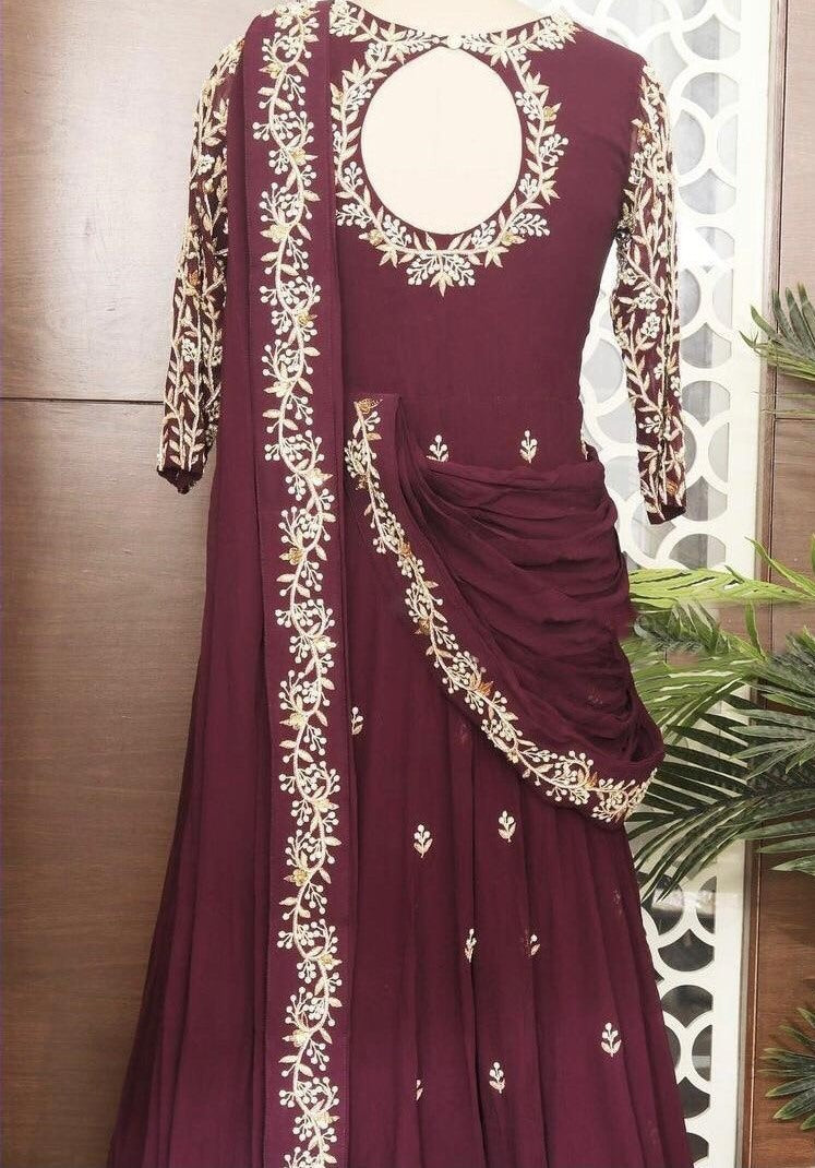 Wine heavy georgette zari embroidered party wear gown