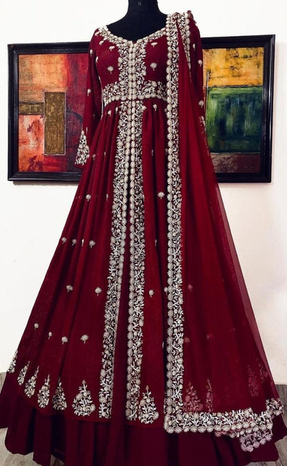 Wine heavy georgette zari embroidered work party wear gown