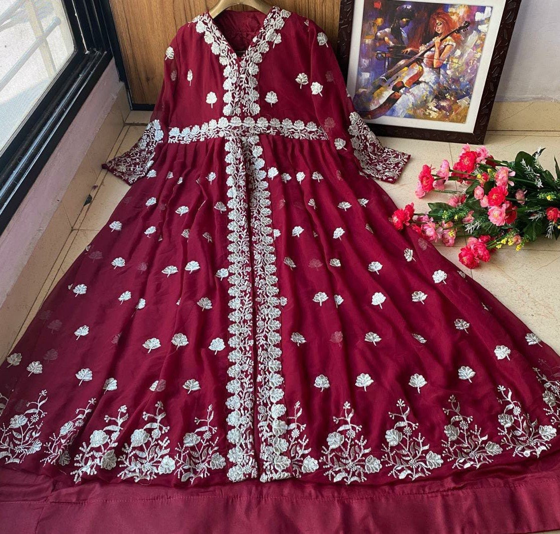 Wine heavy georgette zari embroidered work party wear gown