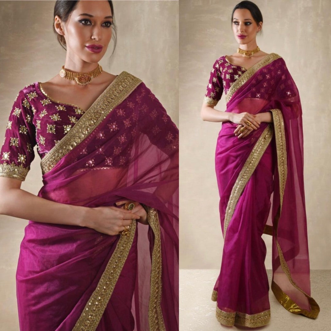 Wine heavy rangoli silk embroidered wedding saree