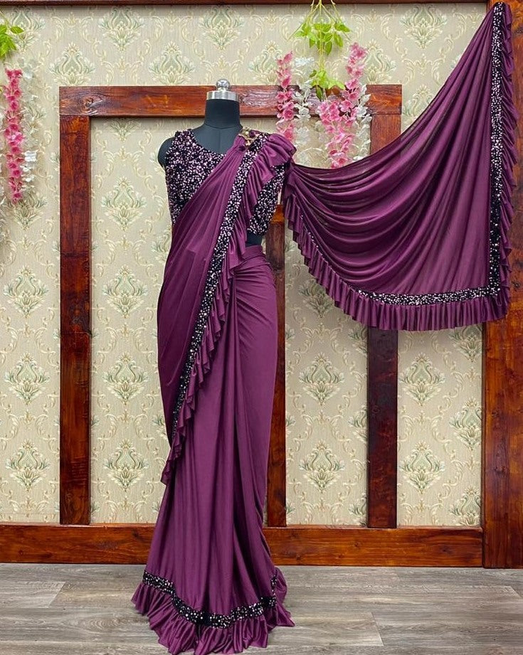 Wine imported fabric embroidered sequence work saree