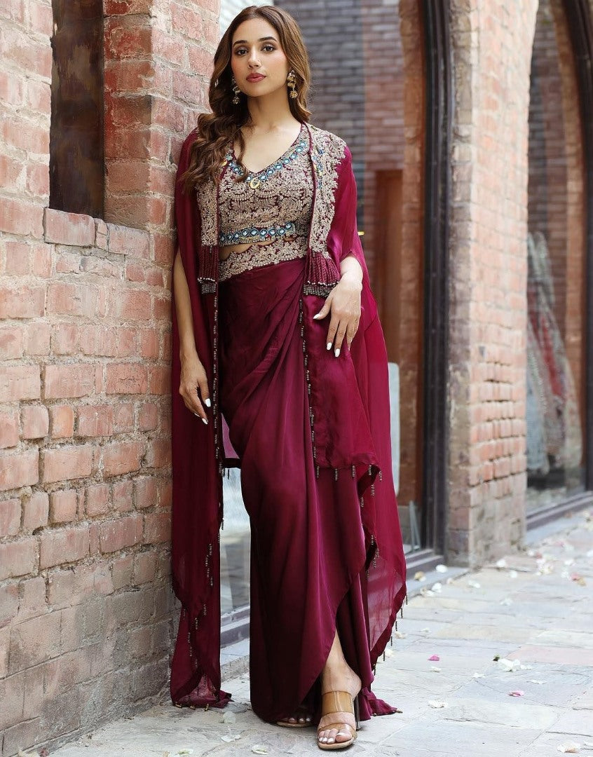 Wine organza thread sequence work indowestern dhoti suit