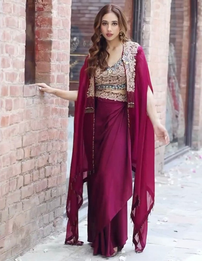 Wine organza thread sequence work indowestern dhoti suit