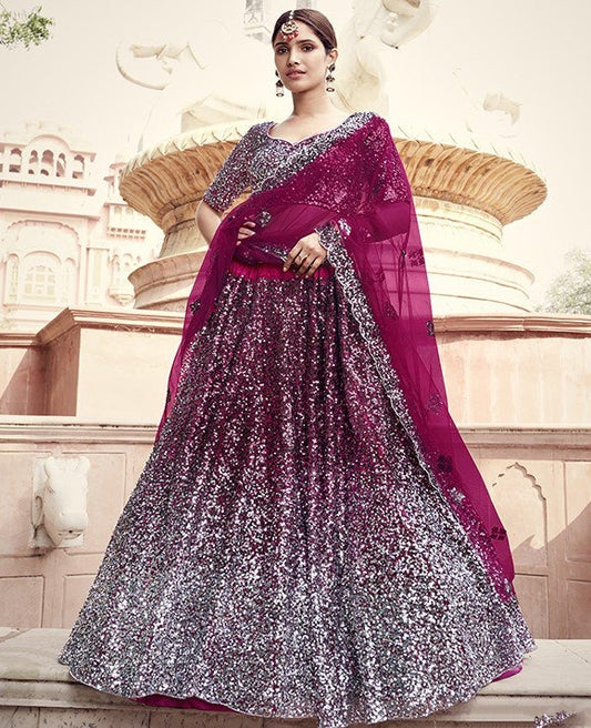 Wine soft net sequence work bridal lehenga choli