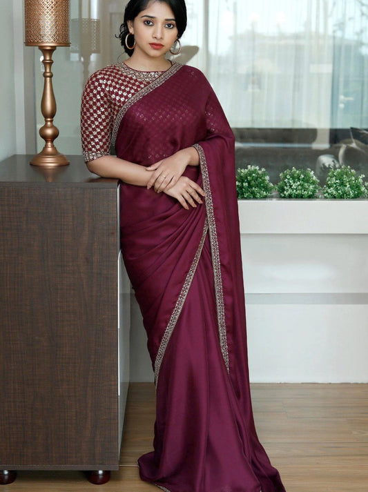 Wine two tone silk partywear saree