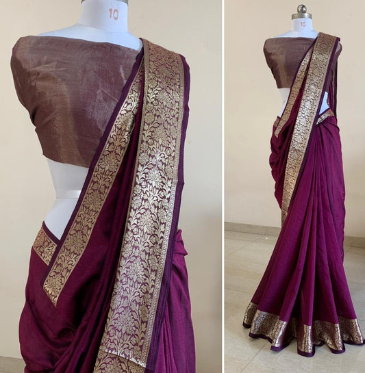 Wine vichitra silk jacquard weaving work party wear saree