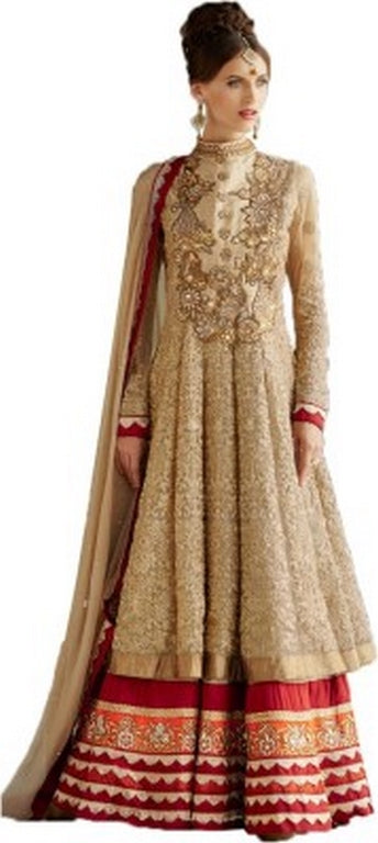 women's Beige net Semi Stitched Suit