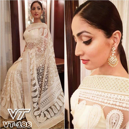 yami gautam off white net heavy embroidered threadwork and motiwork designer saree