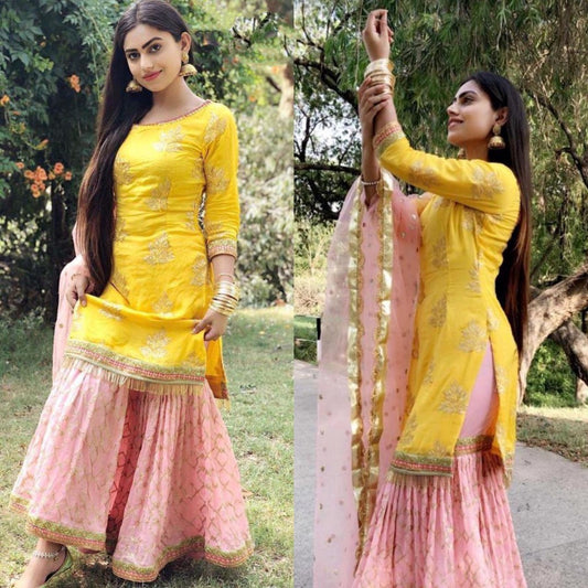 yellow and baby pink beautiful embroidered sharara salwar suit