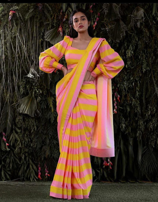 Yellow and baby pink stripe satin georgette digital printed saree