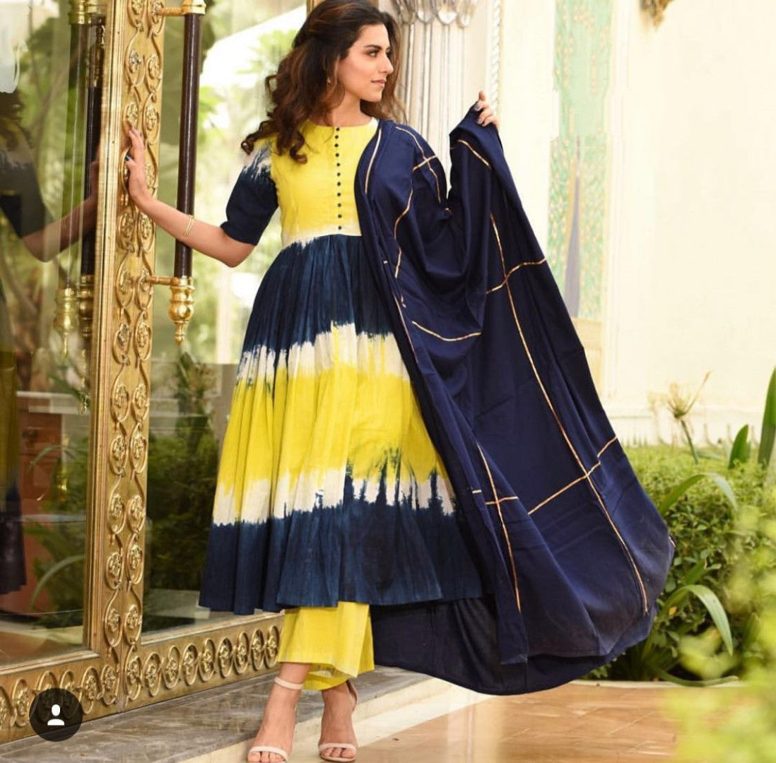 yellow and blue american crep printed plazo kurti