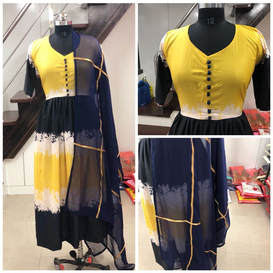 yellow and blue american crep printed plazo kurti