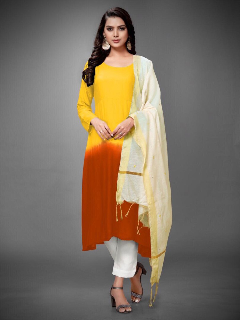 Yellow and brown heavy rayon cotton kurti