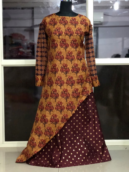 yellow and coffee chanderi printed long kurti