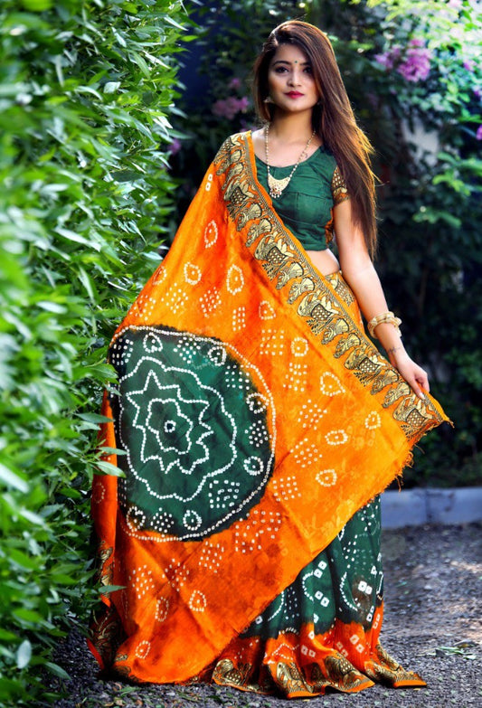 Yellow and green art silk weaving border bandhej saree