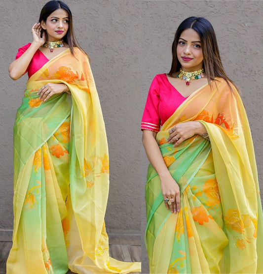 Yellow and green floral and foil print organza saree