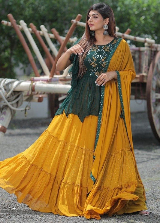 Yellow and green georgette embroidered ruffle layer lehenga with long top