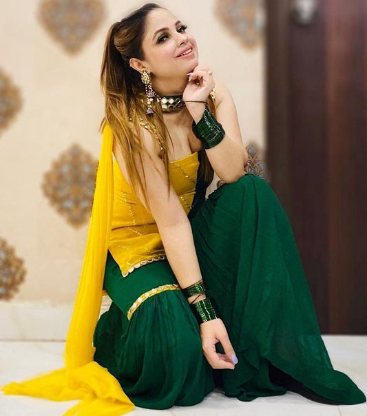 Yellow and green georgette sharara suit