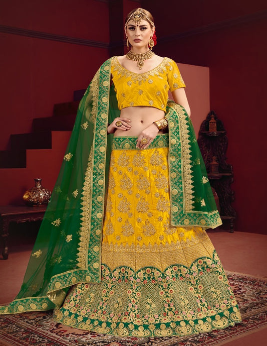 Yellow and green heavy designer embroidered bridal lehenga choli