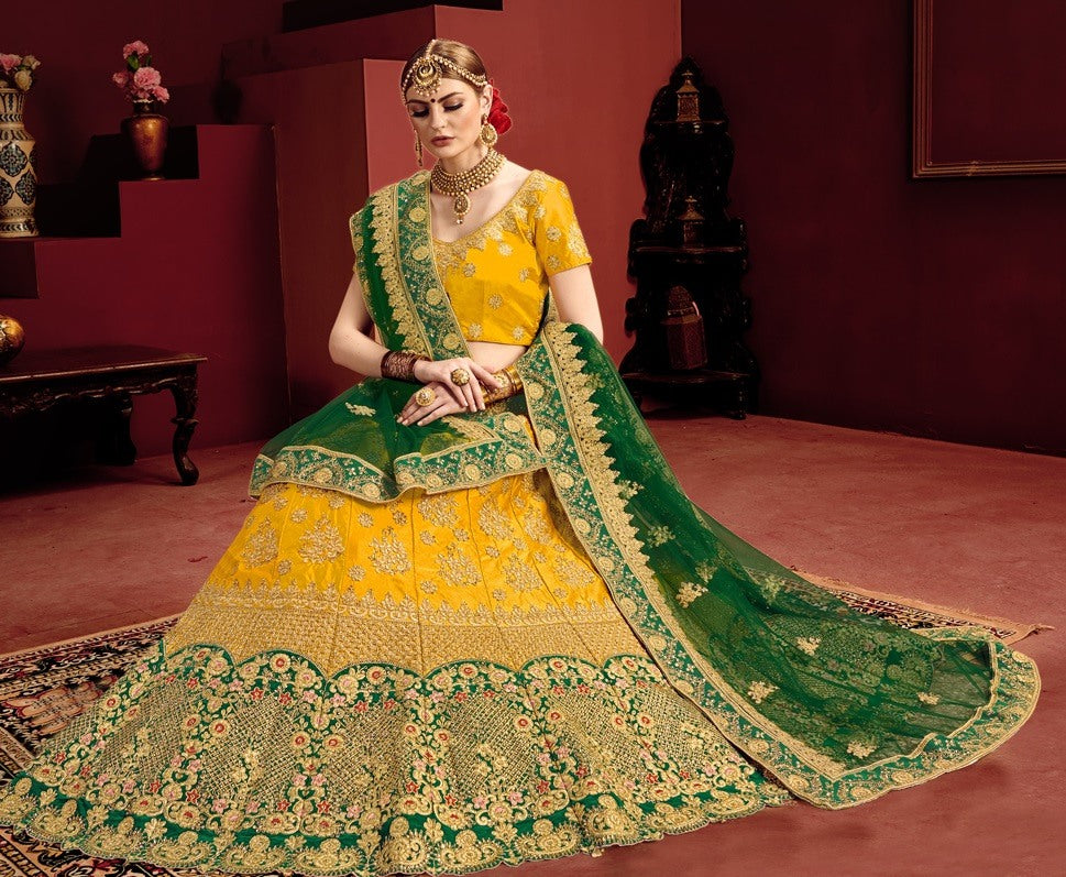 Yellow and green heavy designer embroidered bridal lehenga choli