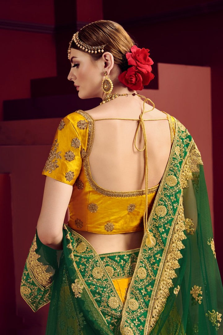 Yellow and green heavy designer embroidered bridal lehenga choli