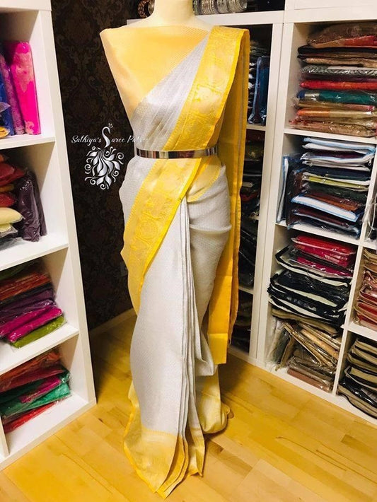 Yellow and grey banarasi jacquard silk saree