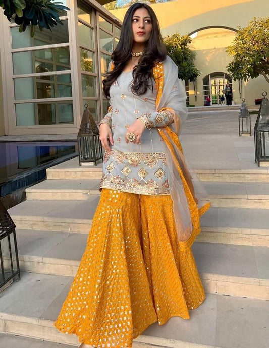 Yellow and grey sequence embroidery worked sharara suit