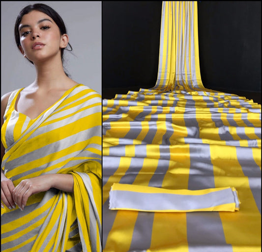 Yellow and grey stripe printed party wear saree