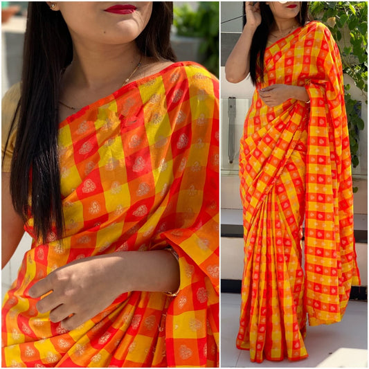 yellow and orange chex sana silk saree