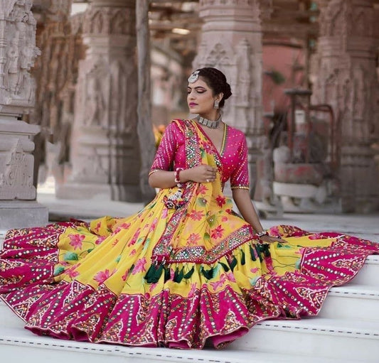 Yellow and pink butter silk print and mirror work navratri lehenga choli