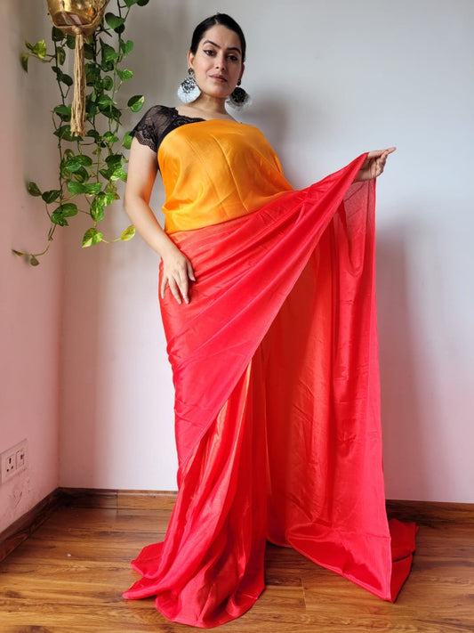 Yellow and red chinon silk ready to wear one minute partywear saree
