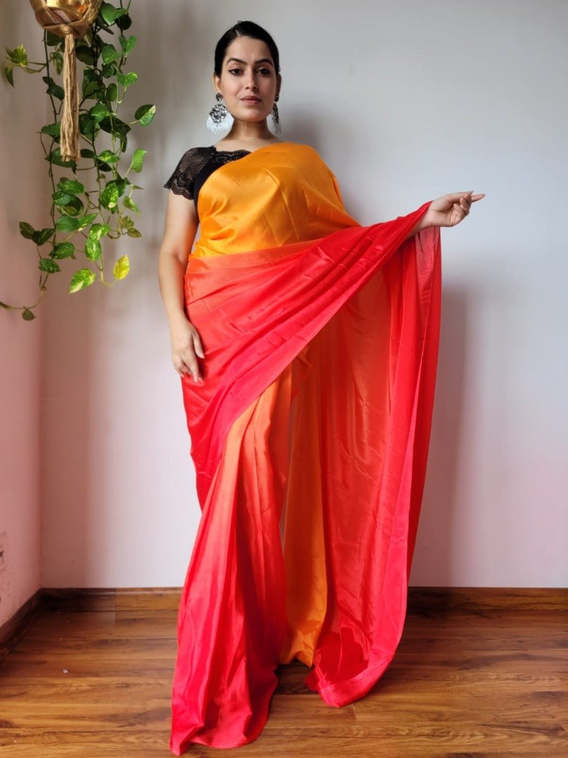 Yellow and red chinon silk ready to wear one minute partywear saree